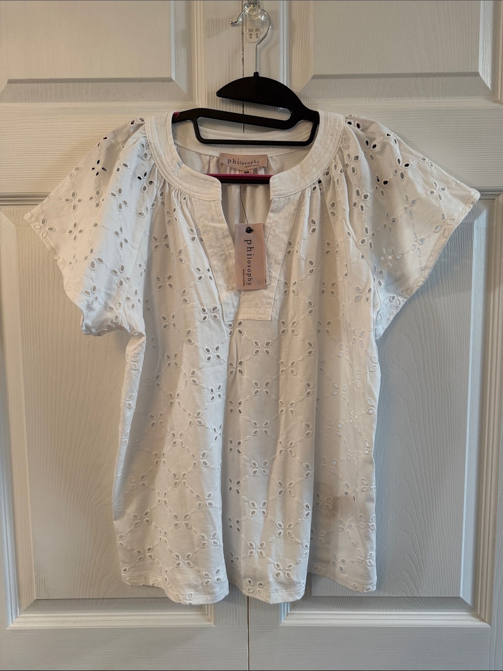 Philosophy White Eyelet Split-Neck Short Sleeve Blouse-Cotton